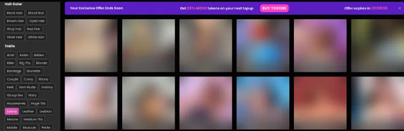 SinParty live cams with the Latina tag selected in the Traits filters, model thumbnails blurred
