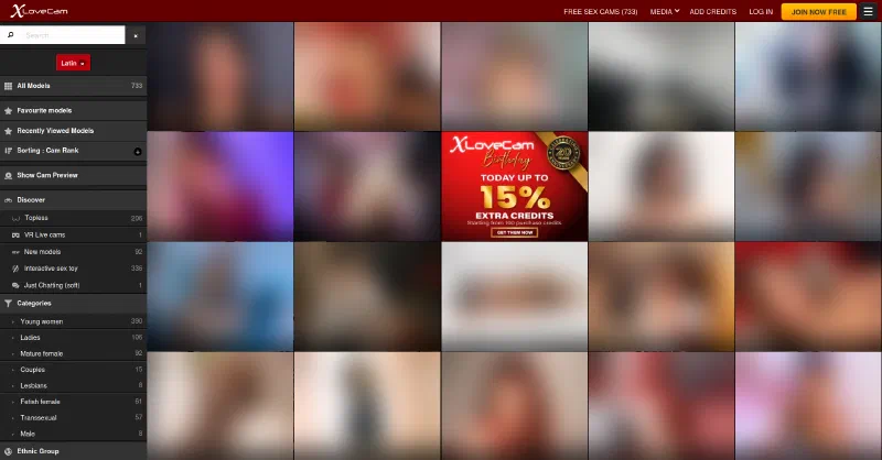 XLoveCam model gallery with the Latin filter active and category counts in the sidebar, thumbnails blurred